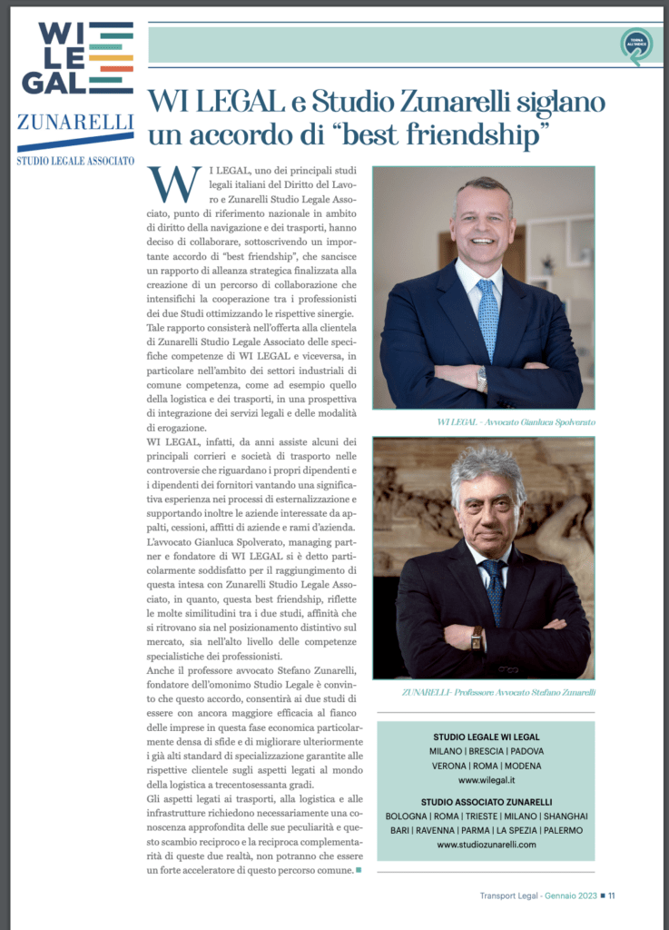 Transport Legal | WI LEGAL e Studio Zunarelli siglano un accordo di “best friendship”.
